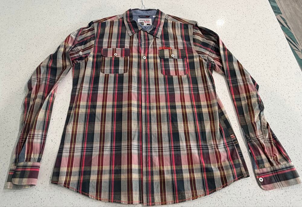 Triple Five Soul Plaid Pattern Button Down Short Sleeve Shirt Size XL